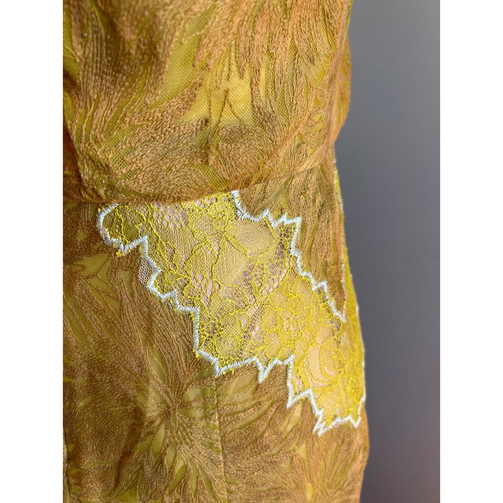 BCBGMAXAZRIA Mustard Yellow Lace‎ Floral Embroidered Sheath Dress Size 6 - Picture 9 of 11